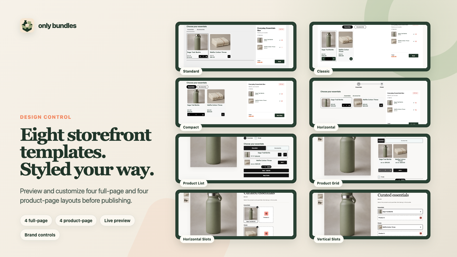 Gallery of eight Only Bundles storefront templates