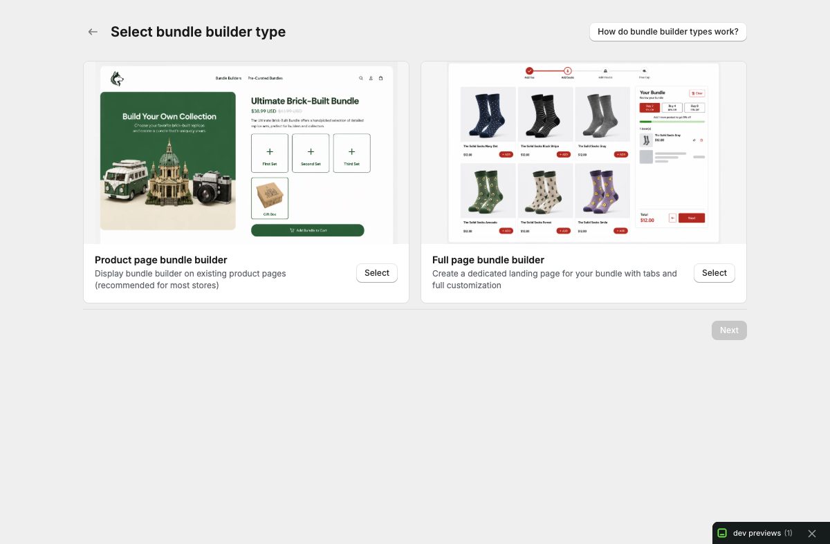 Only Bundles screen for choosing a Product Page or Full Page bundle builder