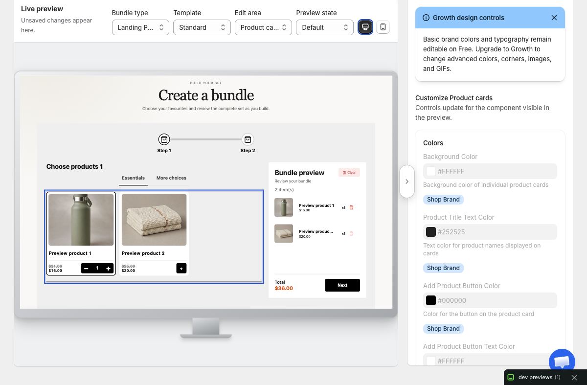 Only Bundles design workspace with template and live preview controls