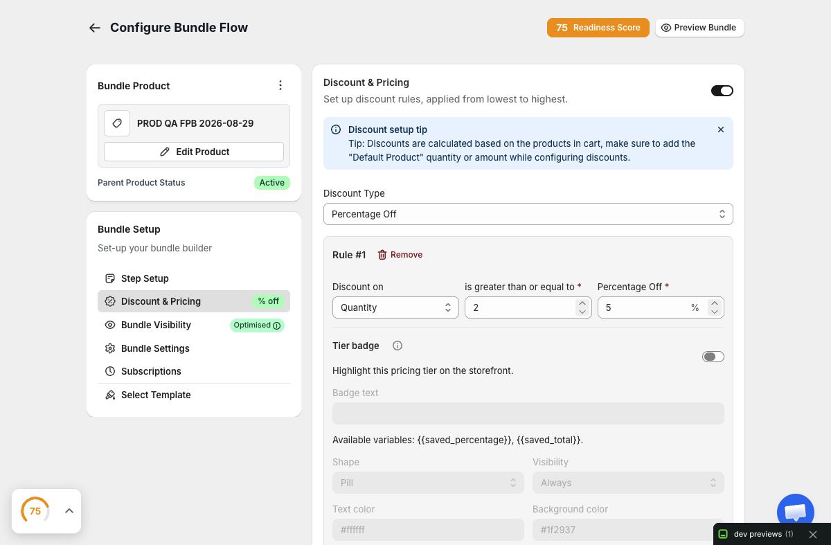 Discount and pricing controls in the Only Bundles bundle editor
