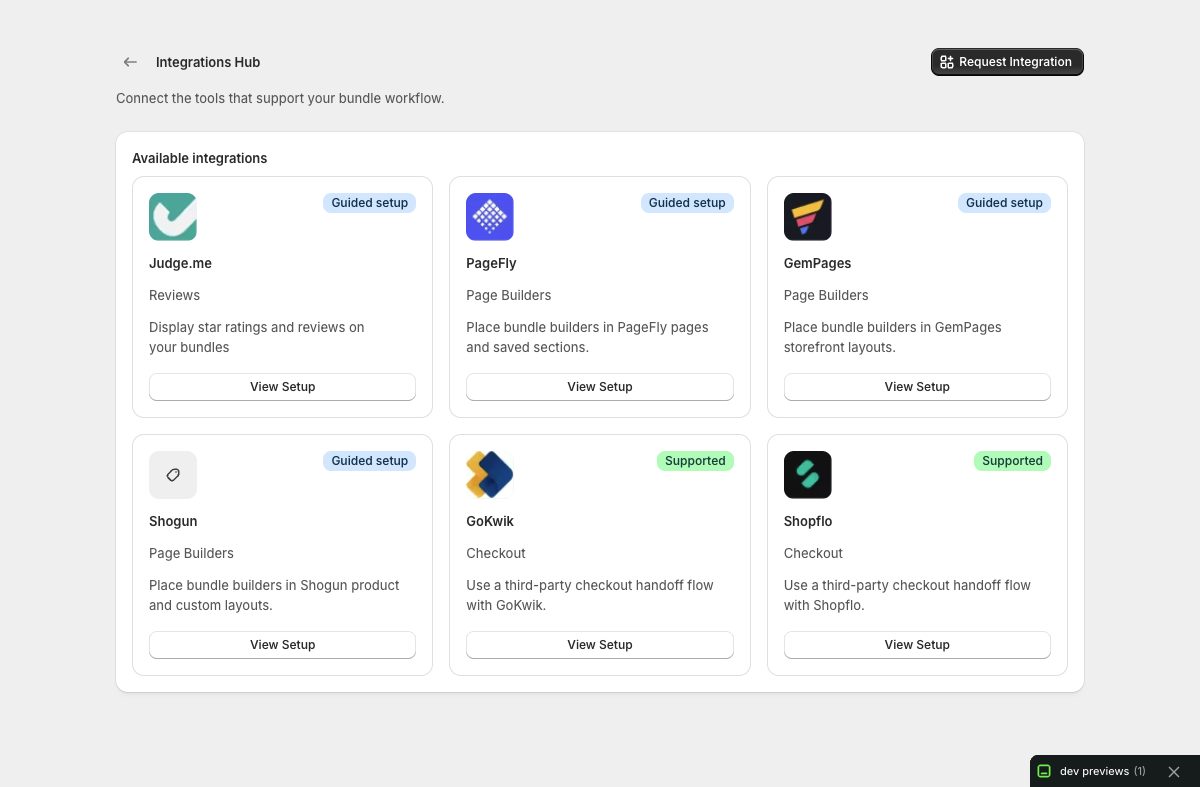 Only Bundles integrations page for PageFly, GemPages, and Shogun