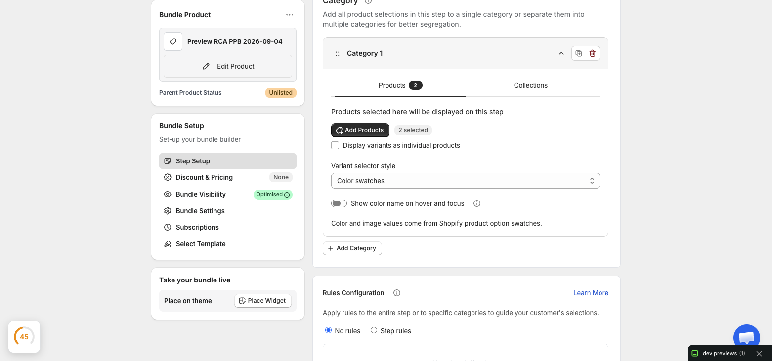 Only Bundles category settings with the Color swatches selector style selected