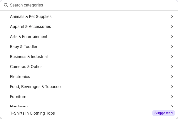 Shopify product category picker showing the suggested T-Shirts category