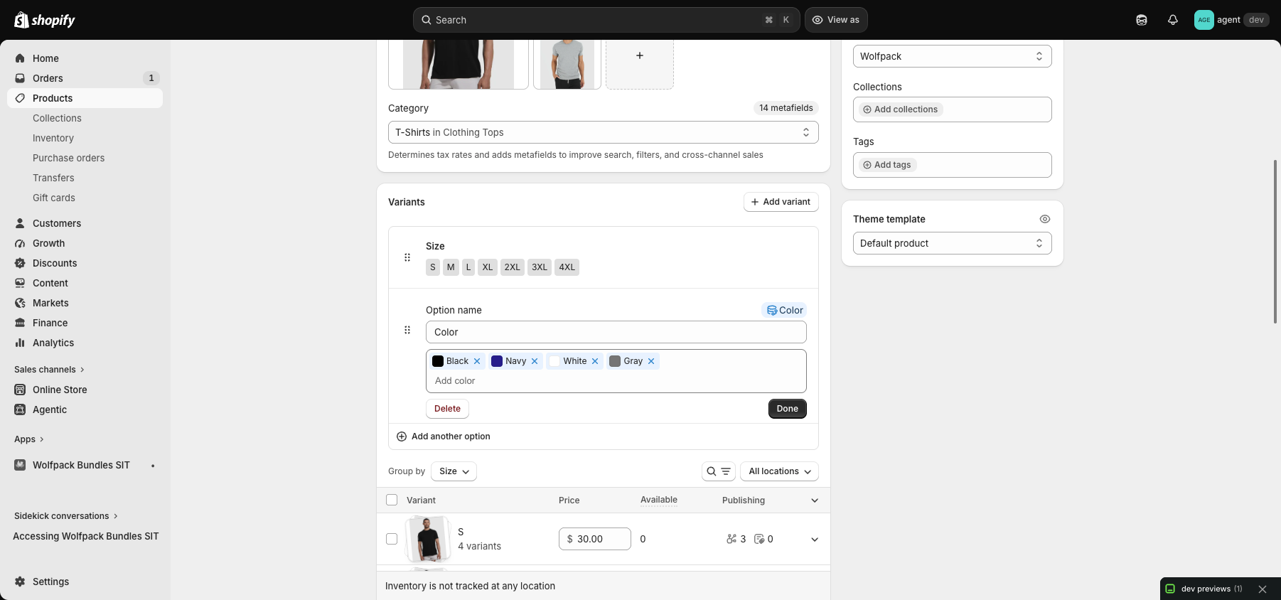Shopify variant editor showing a Color option connected to the Color category metafield